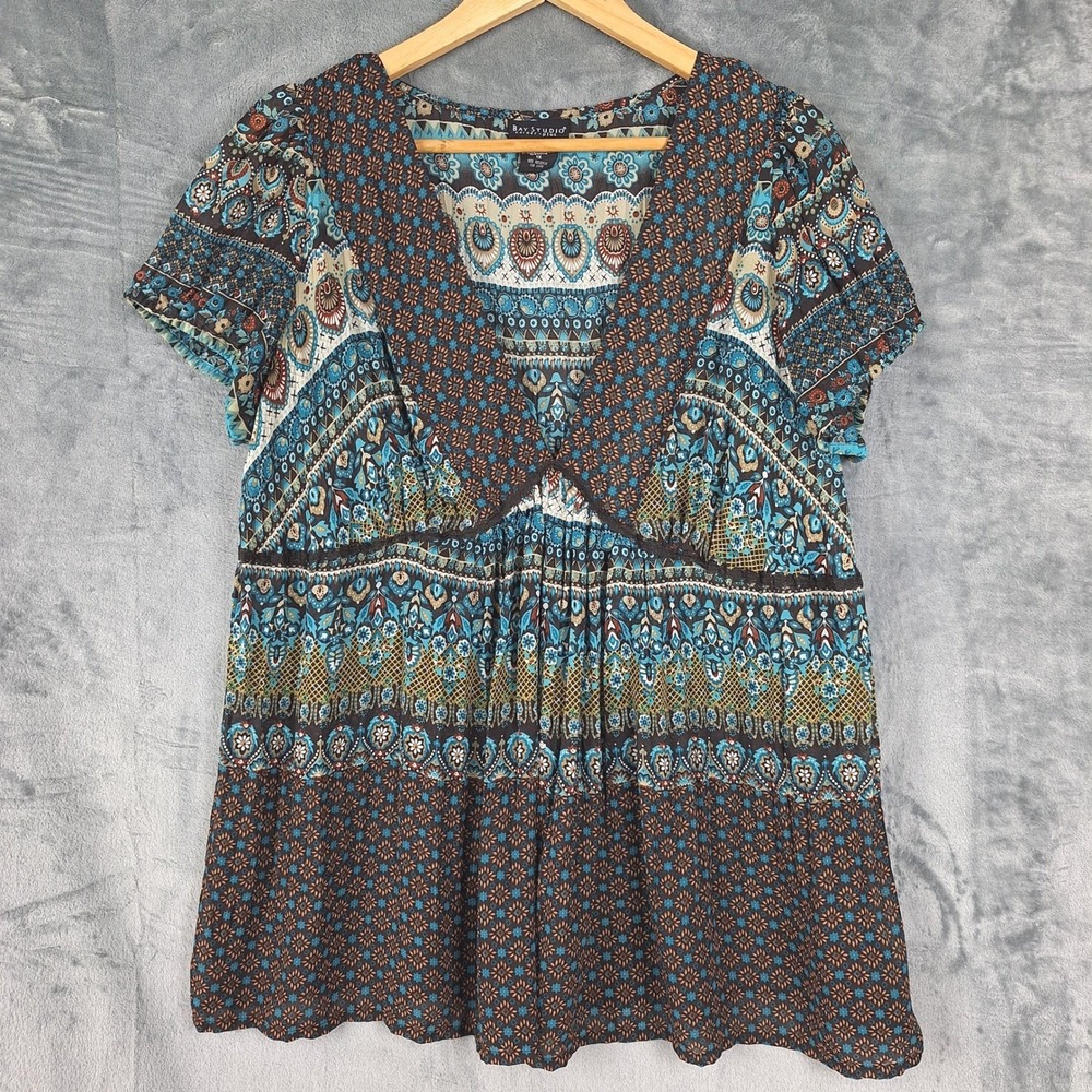 Womens Top 1X Brown Floral Boho Babydoll Y2K Forest Fairy Earthy Peasant Flowy